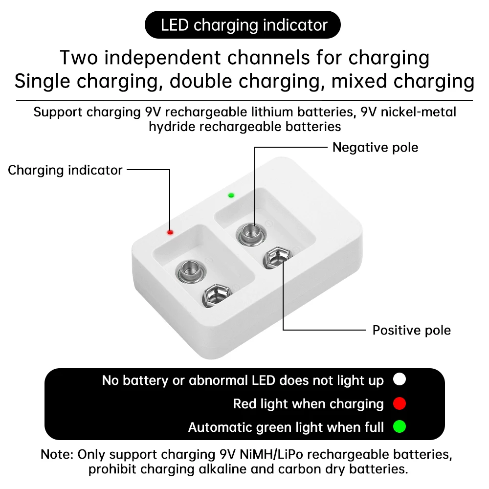 2 Slots Multi-function Ni-Mh 9V Rechargeable Battery Charger Intelligent Charging Automatic Light Two Slot Battery Charger TypeC