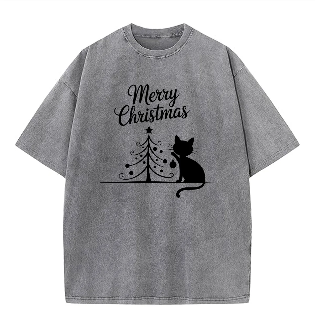 عيد الميلاد القط الأسود 230 جرام القطن الثقيل غسلها المتضخم تي شيرت للرجال مضحك الرسم المحملة الرجعية عارضة أعلى