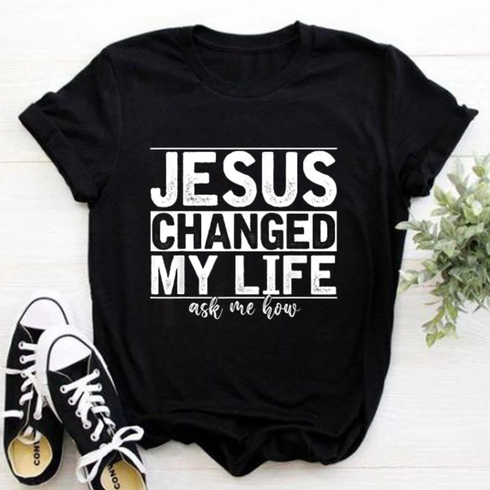 Jesus Changed My Life Women\'s Comfortable Casual T Shirts Short Sleeve Round Neck Summer Christian Faith T Shirts