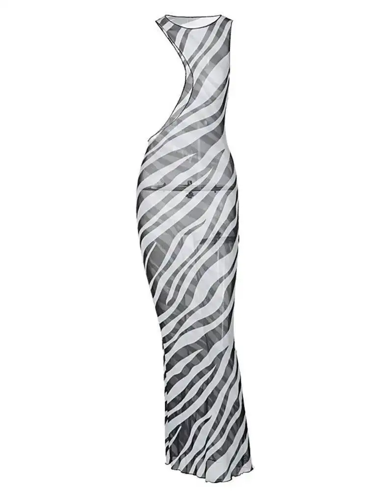 Zebra-Print Lange Strand Kleid Cover-Ups Sexy Transparent Mesh Maxi Kleid Gestreiften Cut Out Bodycon Urlaub Sommer Kleid frauen U0E8