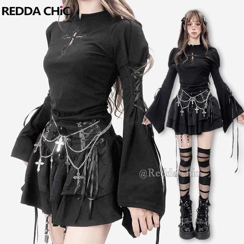 

REDDACHiC футболка с вышивкой крестом, однотонная черная футболка на шнуровке с длинными рукавами и колокольчиком, топ в готическом стиле, в стиле панк, женская темная одежда