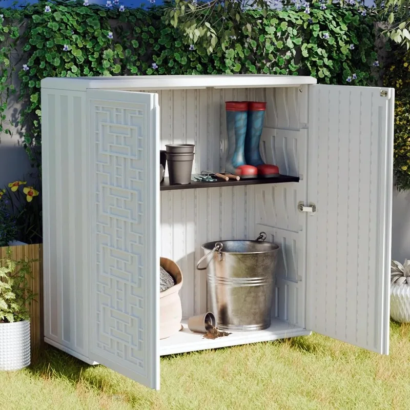 Cabinet Waterproof with Shelf, Off White Plastic Outdoor Cabinets for Patio/Garden/Backyard, Size 34.3''L*15''W*36.2''H