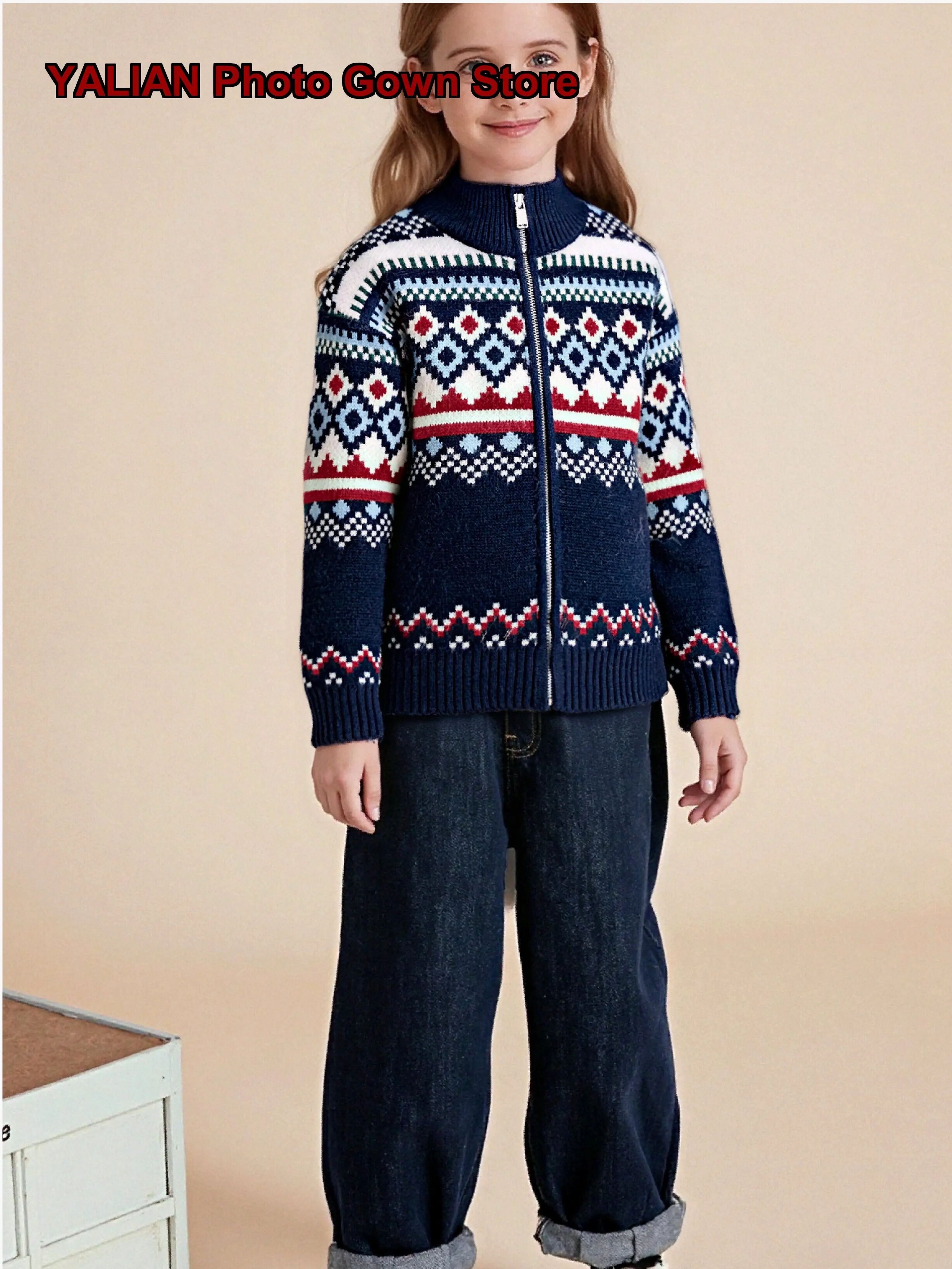 Girls Autumn Winter Middle Older Kids Fair Isle Knit Cardigan Stylish Color-Block Zip-Up