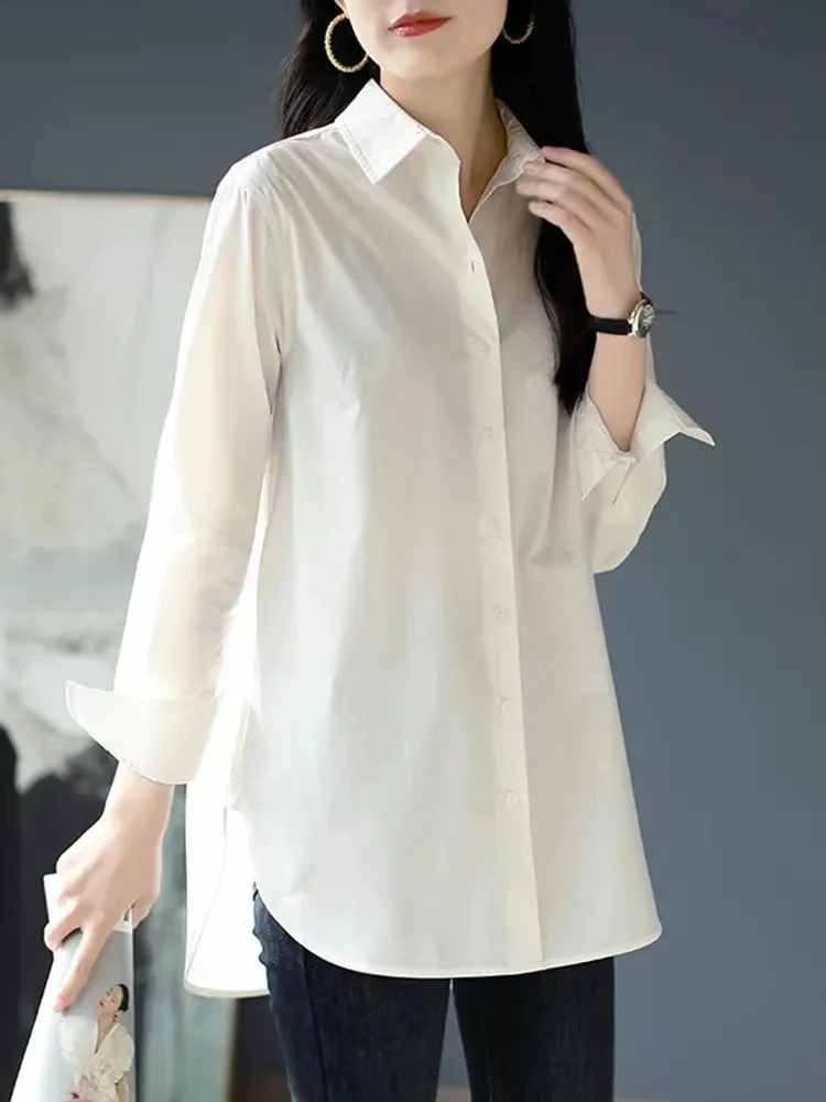 

Весна 2024, женский однотонный длинный све irt, повседневный свободный модный топ, корейский воротник с воротником на пуговицах, полиэстер