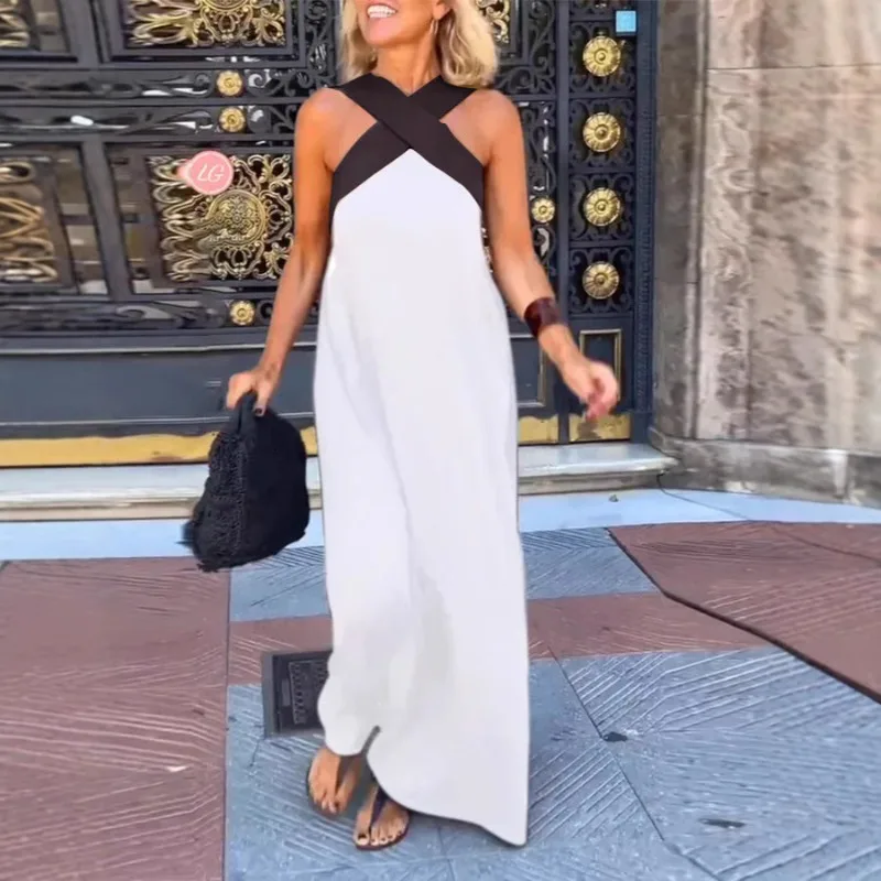 2025 여성 여름 섹시한 백리스 드레스 - 솔리드 컬러 민소매 크로스 프론트 롱 맥시 드레스