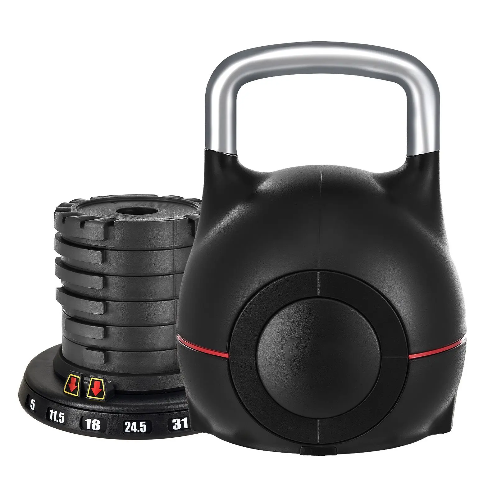 Kettlebell, Adjustable with 7 Weight Levels (5, 11.5, 18, 24.5, 31, 37.5, 44 lbs), Die-Cast Aluminum and ABS Material, for Grip