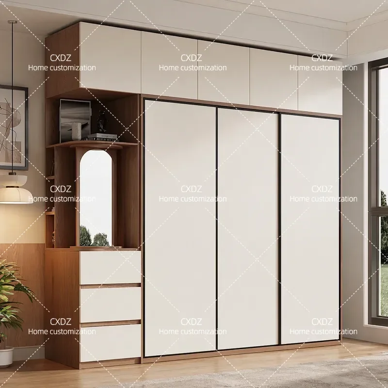 Nordic Milk White Sliding Door Wardrobe ENF Grade Finished Cabinet for Bedroom Small Apartment Household Storage Closet