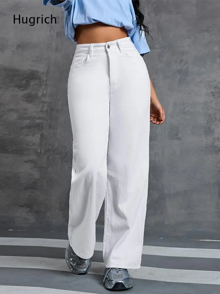 Solid White Denim Wide Leg Pants For Ladies High Rise Five Pocket Design Relaxed Fit Full Length Jeans For All Season Matching