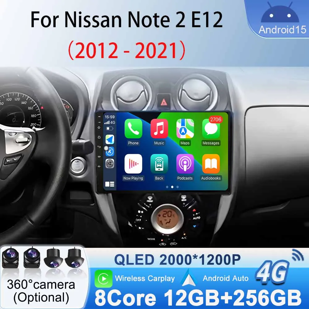Android 15 For Nissan Note 2 E12 2012-2021 Carplay Auto GPS Navigation Bluetooth Car Radio Multimedia Video Player carplay Auto