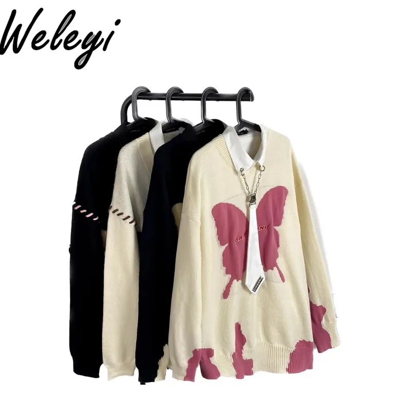 Cute Color Contrast Patchwork Butterfly Sueter Korean Fashion Men and Women Sweaters Casual All Matching Lazy Style Couple's Top