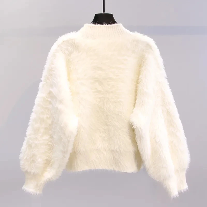 Pink Women Imitation Mink Knitted Cardigan Spring Fall Soft Cropped Tops Korean Bow Loose Sweater V-neck Casual Knitwear Coat