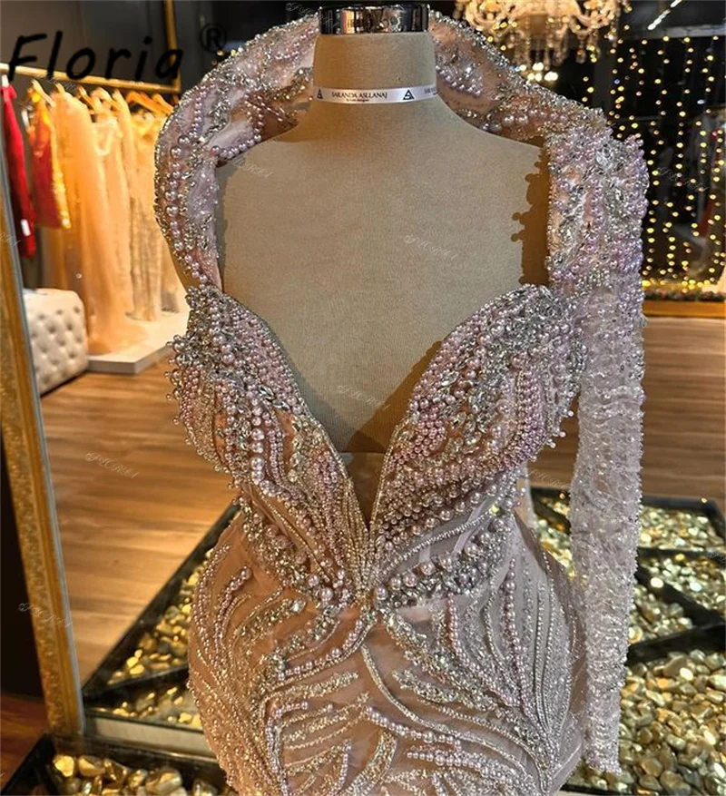 Luxury Heavy Beading Crystal Mermaid Customized Formal Dress Pink Saudi Arabic Women Slit Wedding Party Gowns Evening Prom Dress