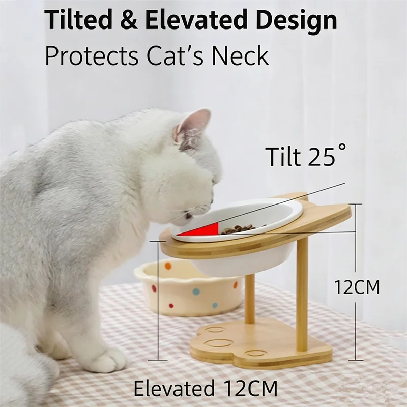 Cute Tilted Elevated Cat Ceramic Bowl Bamboo Stand 25° Slanted Neck Protective Pet Food Water Dish Anti Black Chin for Cats Dogs
