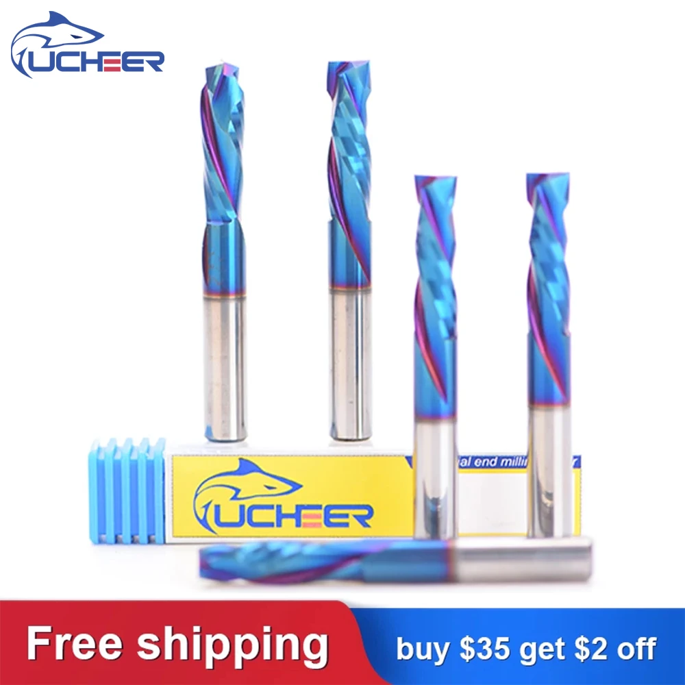 UCHEER  2 flutes 3.175/4/5/6/8mm Compression end mill blue nano coating milling cutter cnc tool for MDF Clamp Board Woodworking