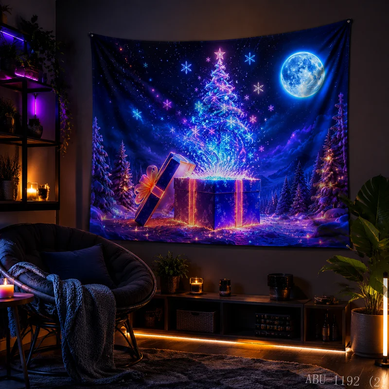 VIKAMA Neon Purple Blue Gift Stack Reindeer Antler Silhouette Halo Starry Christmas Tapestry Bedroom Living Room Dorm Home Decor