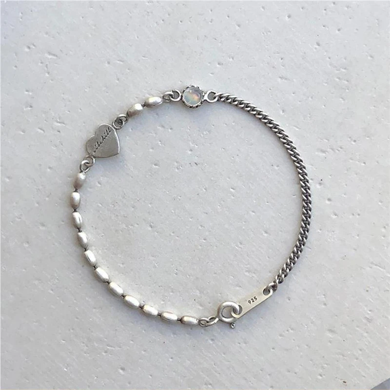 

New 925 Silver Matte Retro Silver Natural Stone Twine Inlaid Vintage Bracelet For Women Girls Elegant Delicate Fine Jewelry Gift