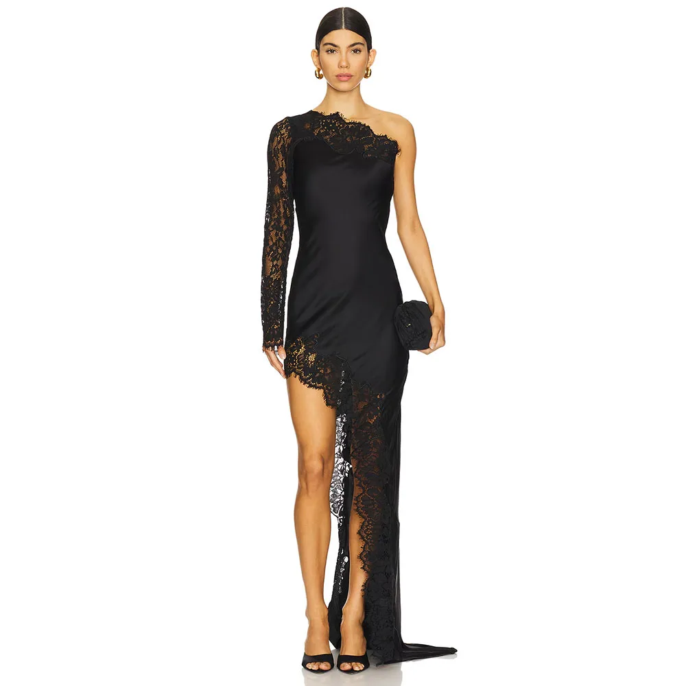 

Black Women's Evening Gown One Shoulder Mermaid Prom Dress Long Lace Sleeves Formal Party Dress Knee Length Short Saudi Dress