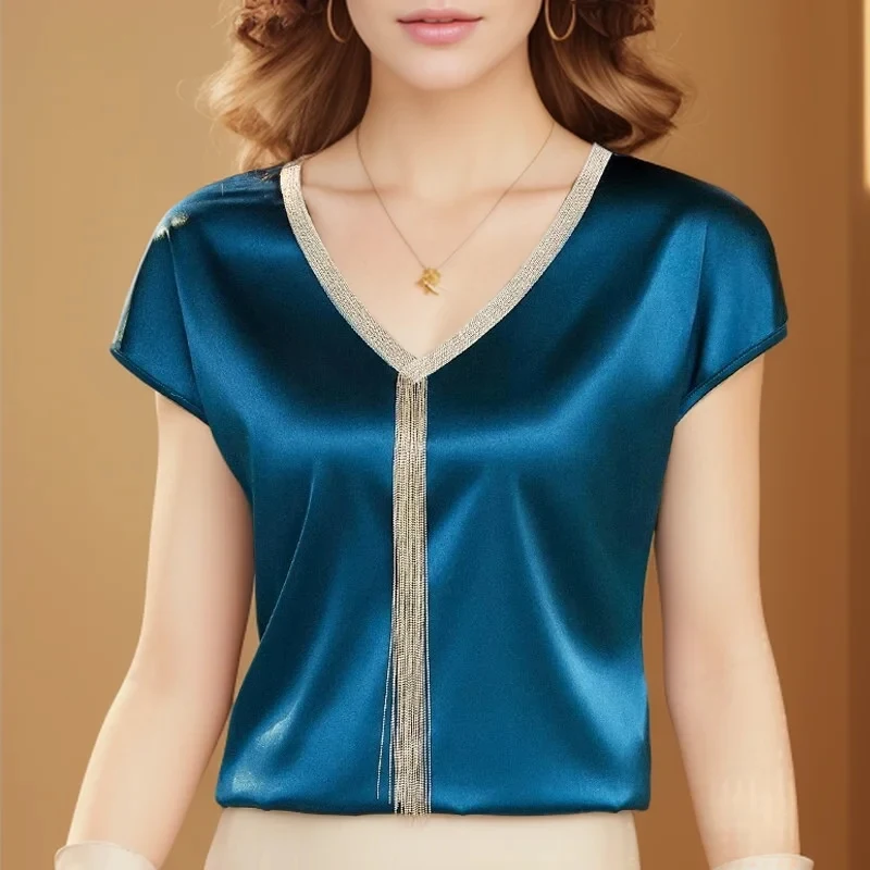 New Office Lady Casual Loose Woman Tops Satin Blouse Women Summer Short Sleeve Shirt Solid Fashion Tassel V-neck Clothes 15494