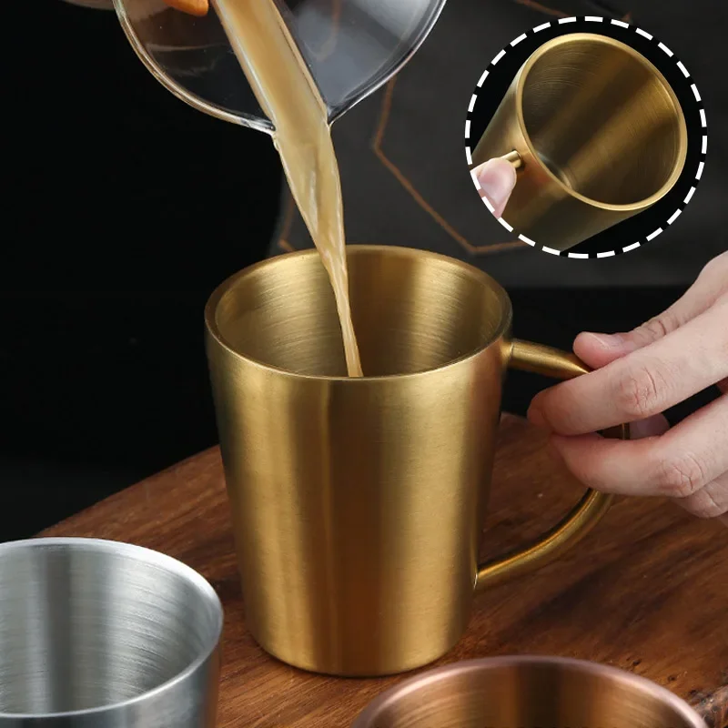 300ml Double-Layer Water Cup304 Stainless Steel Thermal Coffee Beer Mug With Handle Beer Cup Gold Sliver Coffee Mugs With Handle