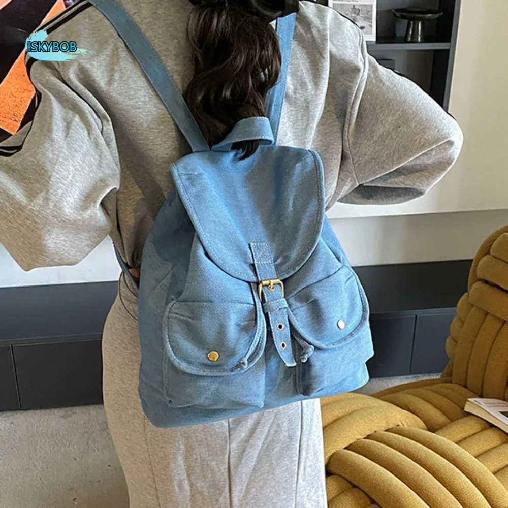 

Korean Style Denim Drawstring Backpack Multi-pocket Versatile Oxford Cloth Shoulder Bag Large Capacity Waterproof