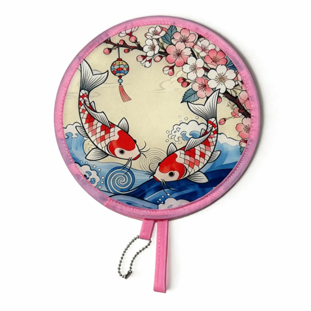 Decorative Japanese Style Folding Fan Flower Pattern With Pocket Collapsible Fan Round Handheld Fan Outdoor Activities
