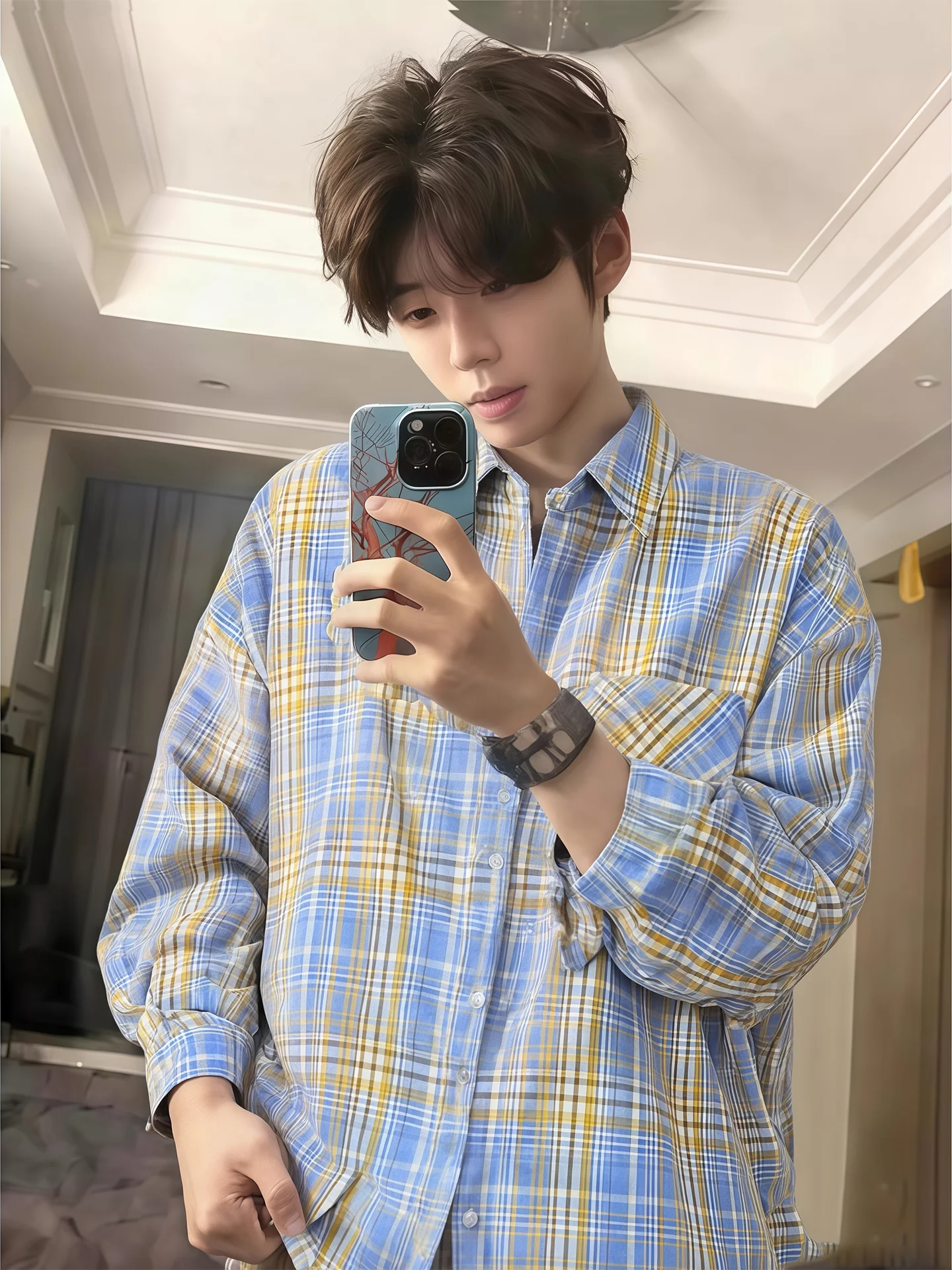 

Men's Plaid Long Sve irt Spring Faionable Lazy Sle Couple Outerwear Loose Fit Button down Polyester Cotton Blend