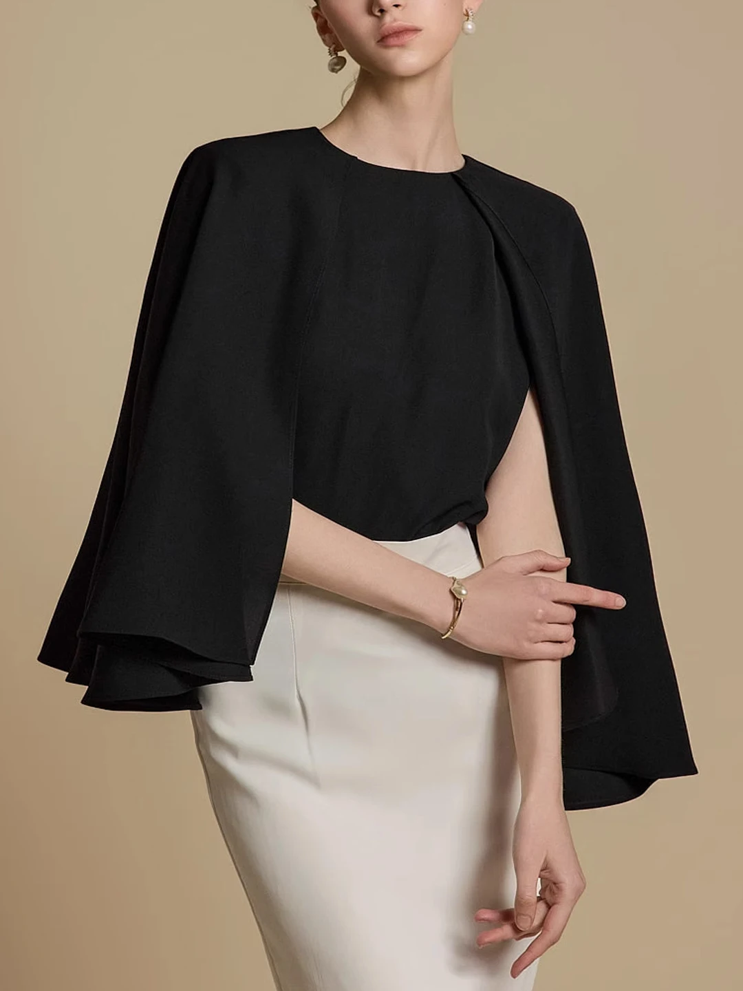 

Spring Summer Elegant round Neck Cape Shirt Fashionable Versatile Top for Ladies Commute Style Loose Fit Long Sleeve Casual Wear