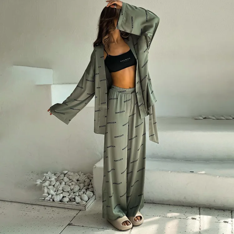 Printing Female Pajamas 2 Piece Suit Long Sleeve Lace Up Sleepwear Sexy V-Neck Nightgowns Pants Casual Nightwear Sets