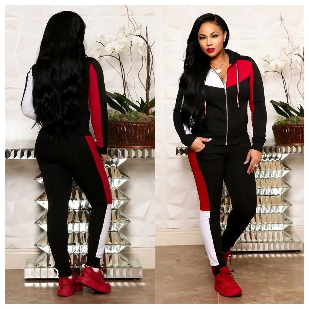 Fall Winter Women Patchwork 2 Piece Set Jogger Hoodies Sweatshirt  & Slim Trousers Training Wear Tracksuit Two Piece Outfits