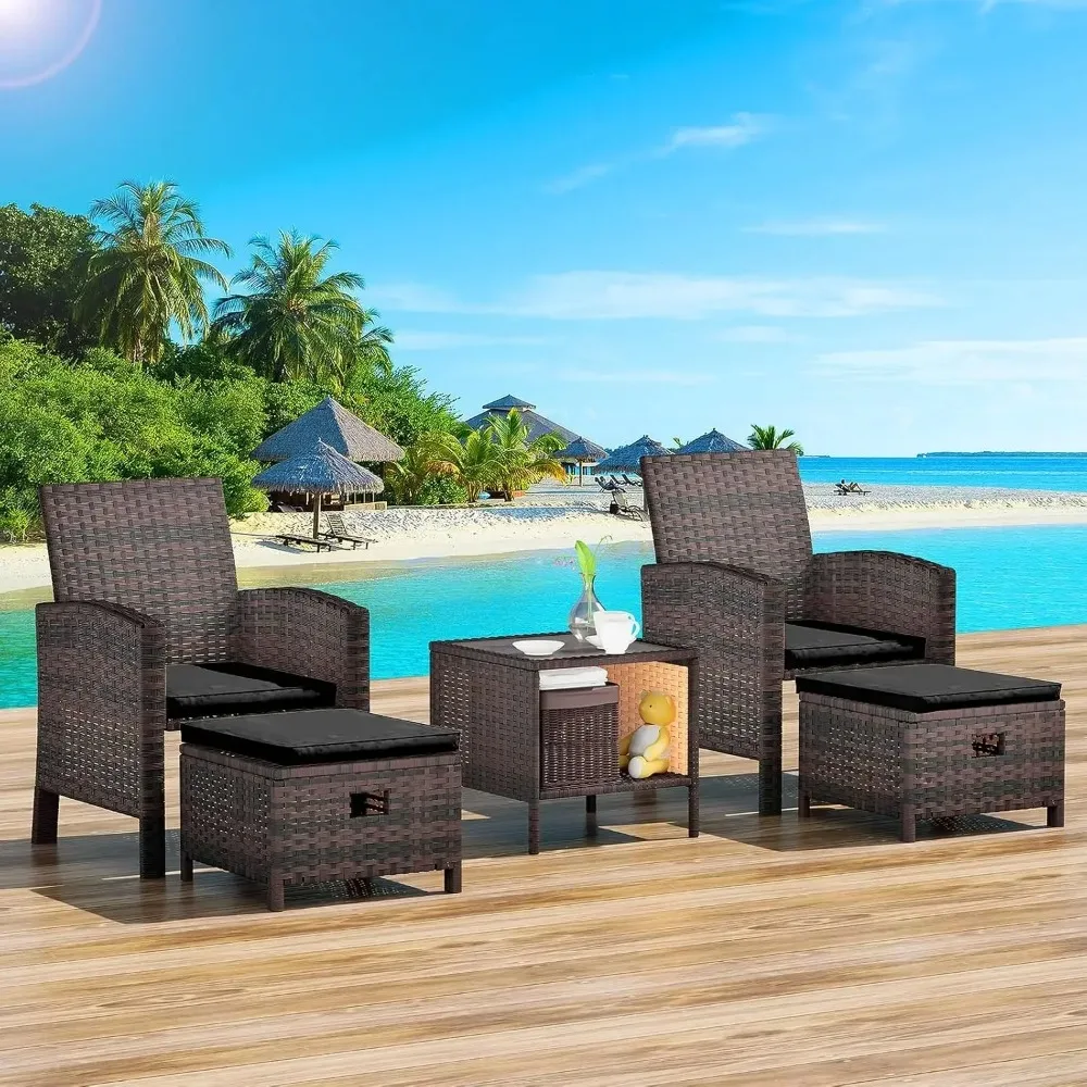 

5-Piece Outdoor Conversation Set – PE Wicker Lounge Chairs, 2 Ottomans & Glass Table with Cushions for Balcony & Patio