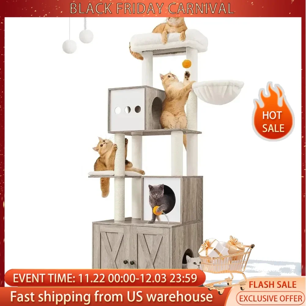 Cat Tree 72.8-Inch Litter Box Enclosure and Scratching Posts,Caves, Basket, Washable Cushions, 2-in-1 Modern Cat Tower