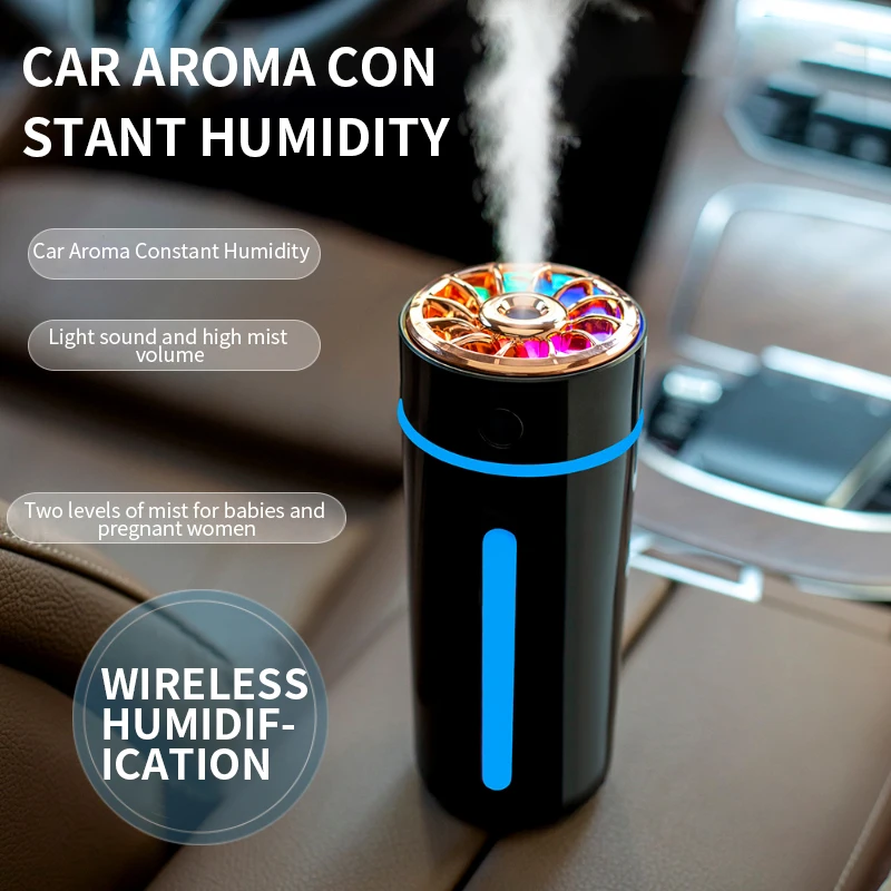 Humidificador de aire recargable por USB para coche, difusor de aroma ultrasónico portátil de 360ML, adecuado para el hogar, dormitorio con luces LED RGB