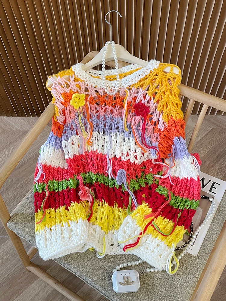 

Women Colorful Striped Fringe Sweater Handmade Style Loose Rainbow Knit Pullover Floral Appliqué Boho Fall Winter Knitwear Top