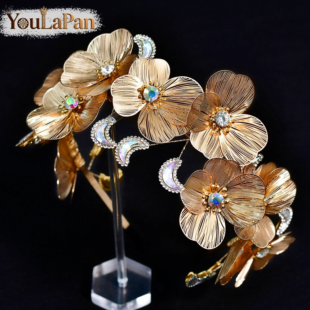 

YouLaPan Elegant Bride Flower Headbands Golden Color Hair Hoop For Wedding Moon Shaped Rhinestone Hair Accessories A410