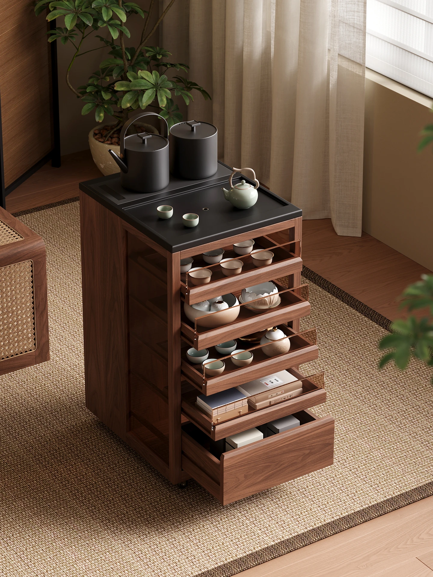Solid wood tea table tea cabinet movable living room side cabinet kung fu tea table