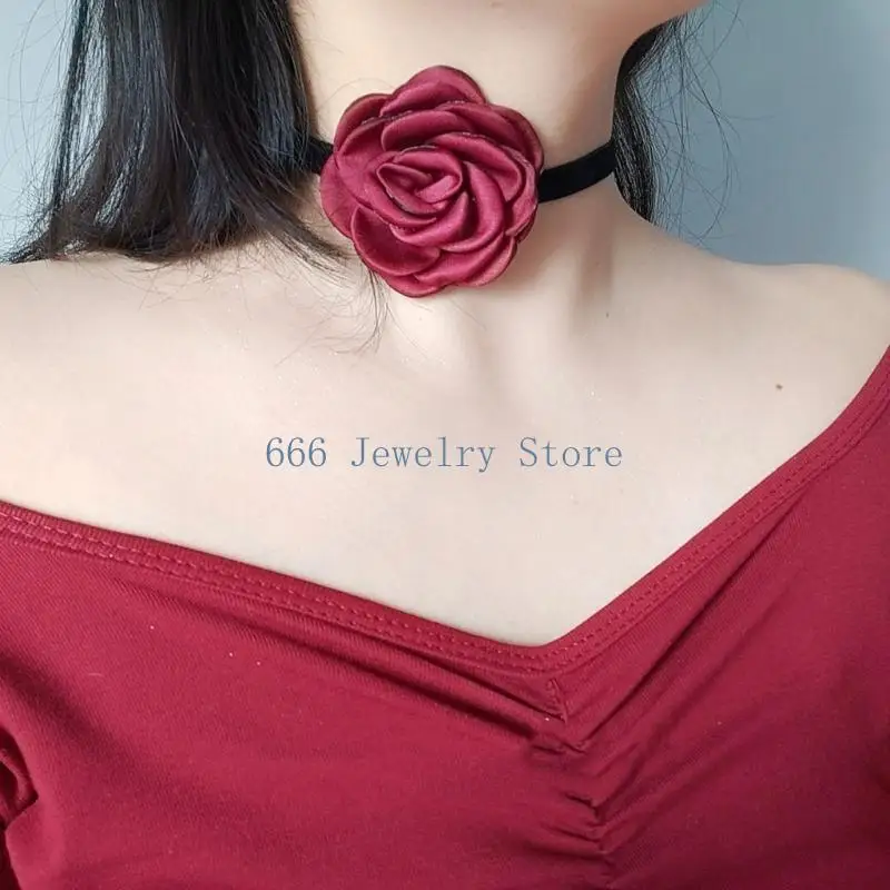F2TD 2 Colors Rose Flower Collar Velvets Necklace Small Fragrance Wind Clavicle Chain Temperament Ribbon Neck Chain Choker