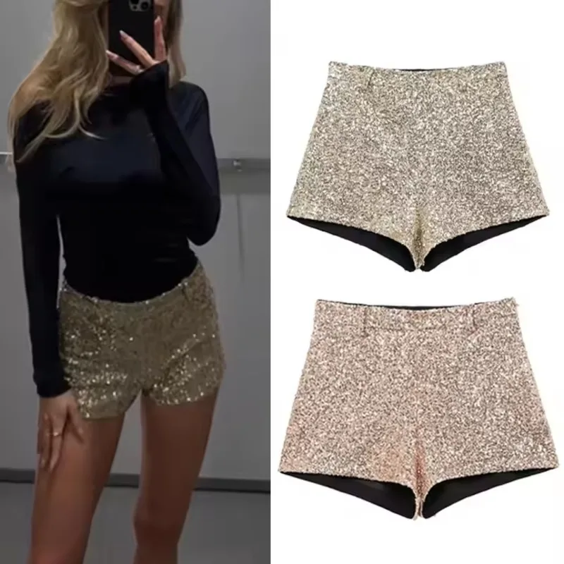 Elegant Gold Sequin Mini Short Woman High Waist A Line Short Shorts 2025 Spring Chic Casual Streetwear Female Vintage Streetwear