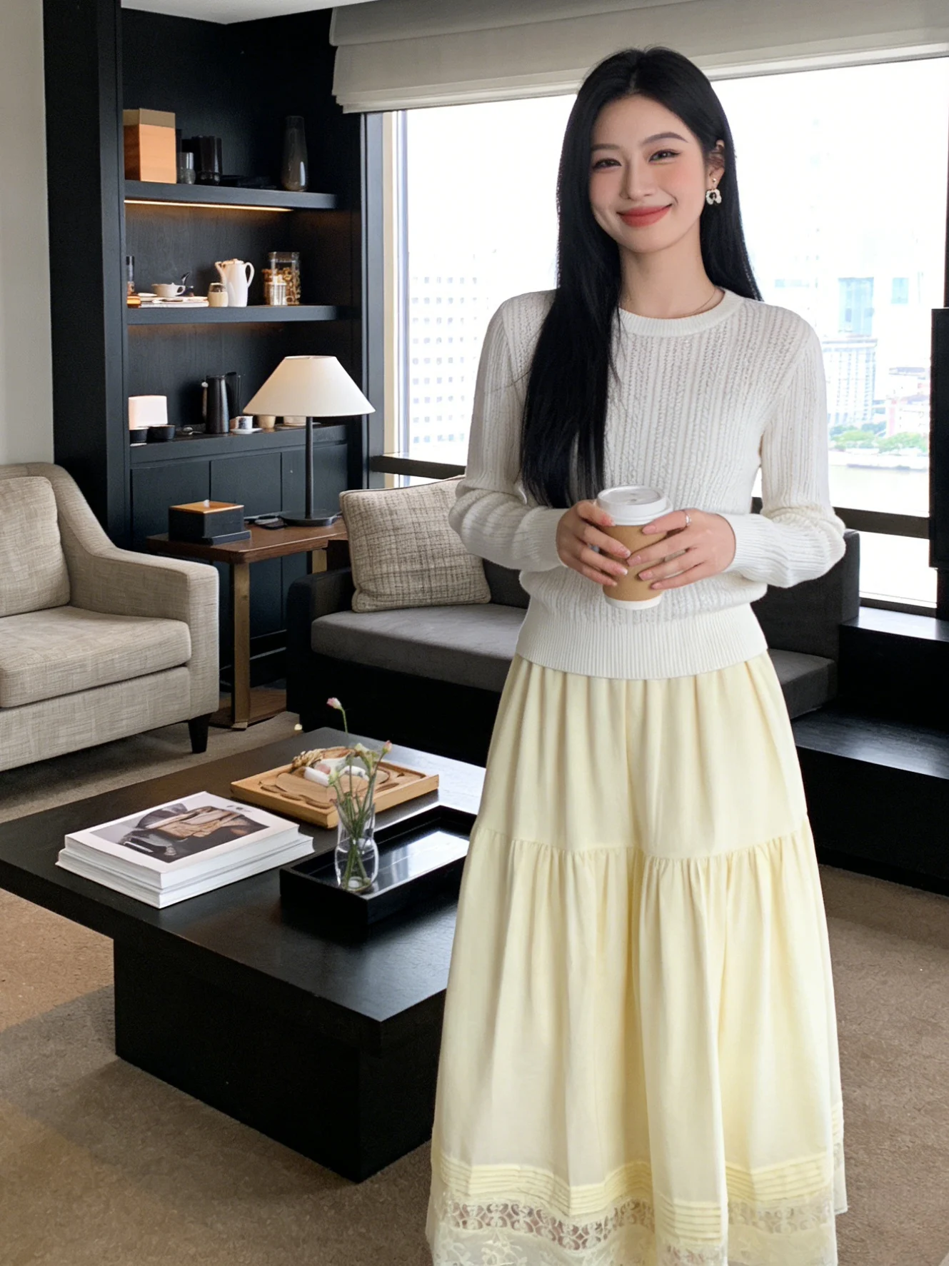 

Корейская юбка с высокой талией и кружевными вставками, весна-лето, новая, стройнящая, драпированная, А-силуэт, длинная, дышащая, приятная к телу, повседневная