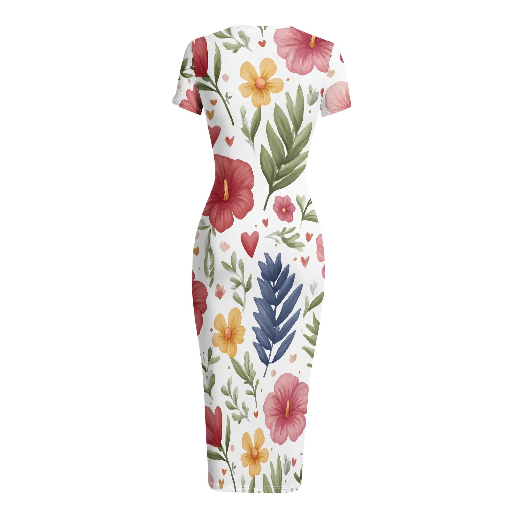 Floral Print Dress, Summer Short Sleeve Midi Dress, Tropical Hibiscus Pattern, Casual Beach Vacation Wear, S-2XL view 2