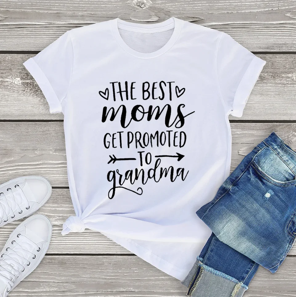 

FLC 100% Cotton The Best Moms Get Promoted to Grandma Grandmother Gifts Clothing Women Oversized T-Shirt Printed Top Mama Funny