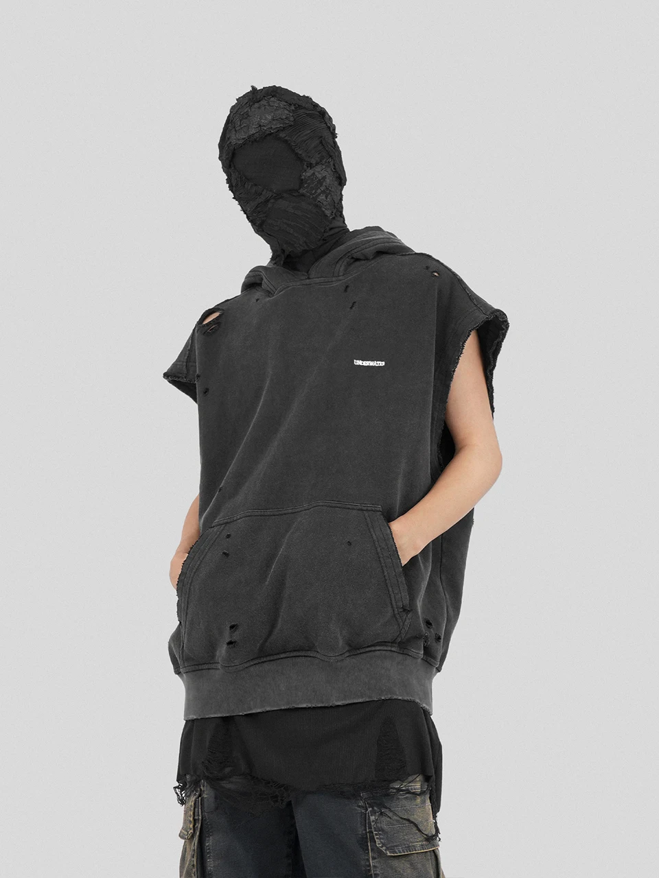 Wasteland Sand Washing Distress Deconstruction Loose Waistcoat Sleeveless Hoodie