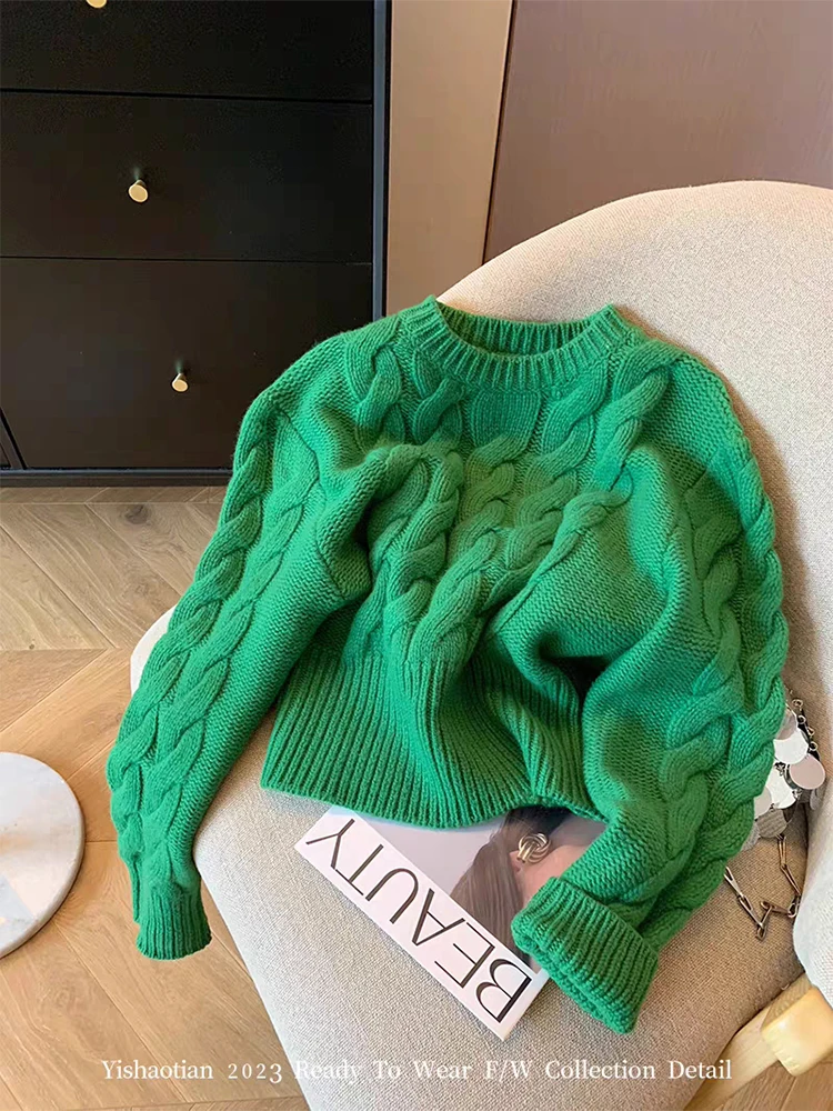 Streetwear Sweater Gyaru American Retro Green Loose Autumn Winter O-neck Korean Fashion Women Chic Jumper Baggy 2000s Aesthetic