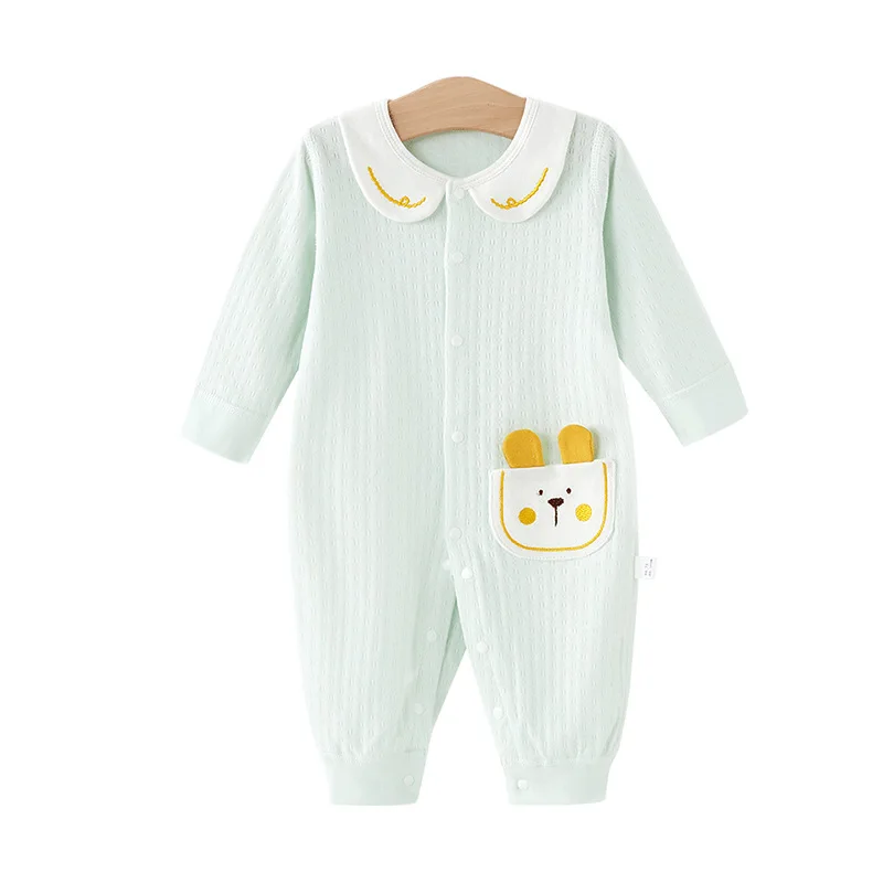 Baby Boys and Girls Soft Cotton Polo One Piece Romper Cartoon Pocket Long Sleeve Baby Creeper Spring and Autumn