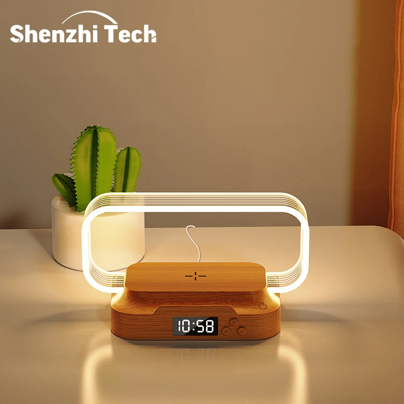 Shenzhi Tech WR06 LED Table Lamp with Digital Clock, Wireless Charging Phone Stand Dimmable Night Light