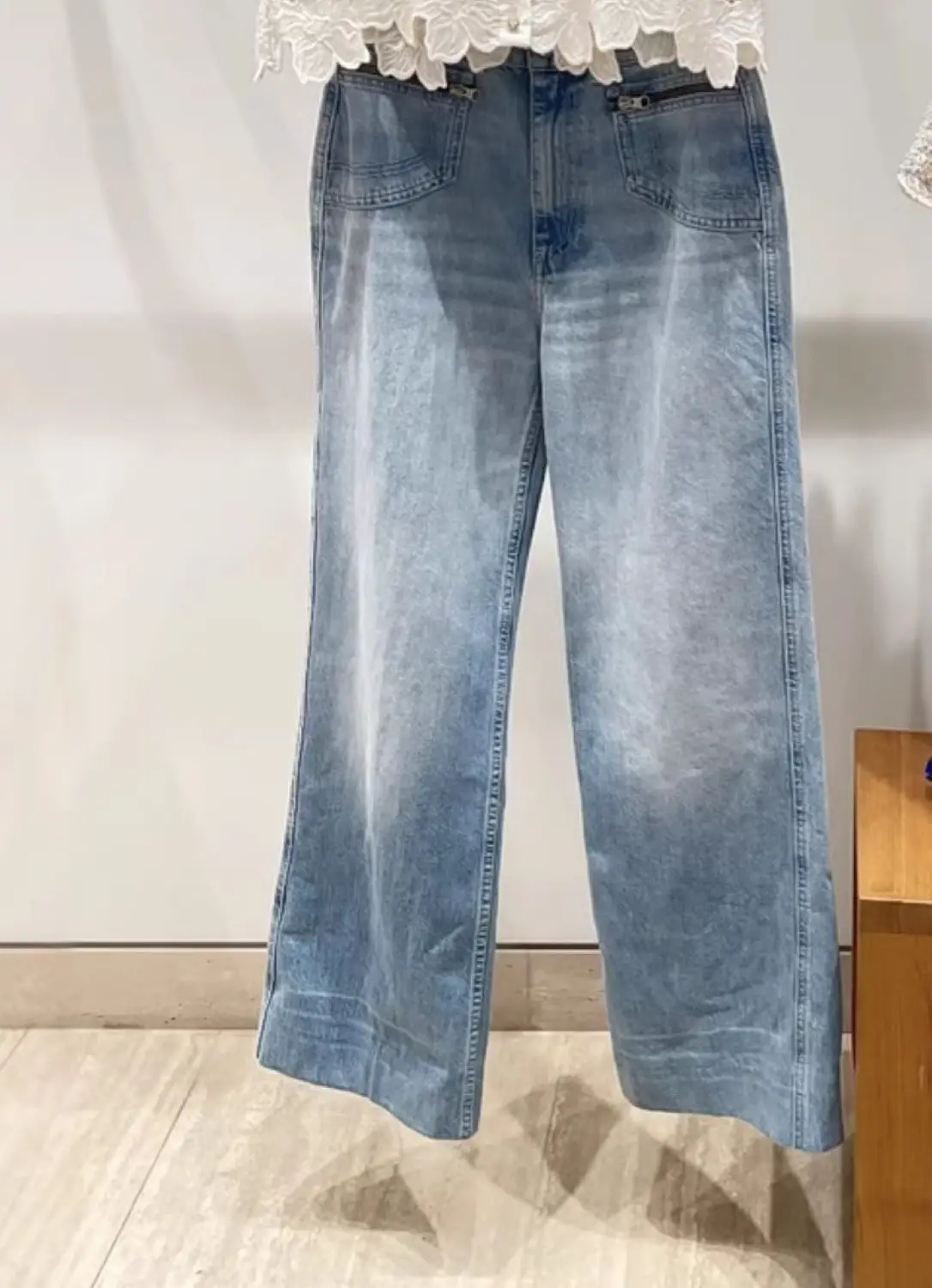 

Spring/Summer Women Double Pocket Zipper Straight Denim Pants High Waist Loose Fashion Casual Wide Leg Trousers