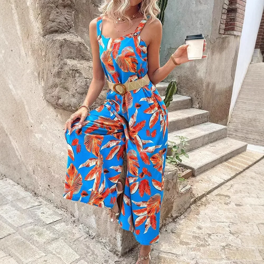 Novedad de verano para mujer, pelele con estampado Floral que se pega a la cintura, vestido sin mangas con cinturón, diseño todo en uno cómodo y a la moda