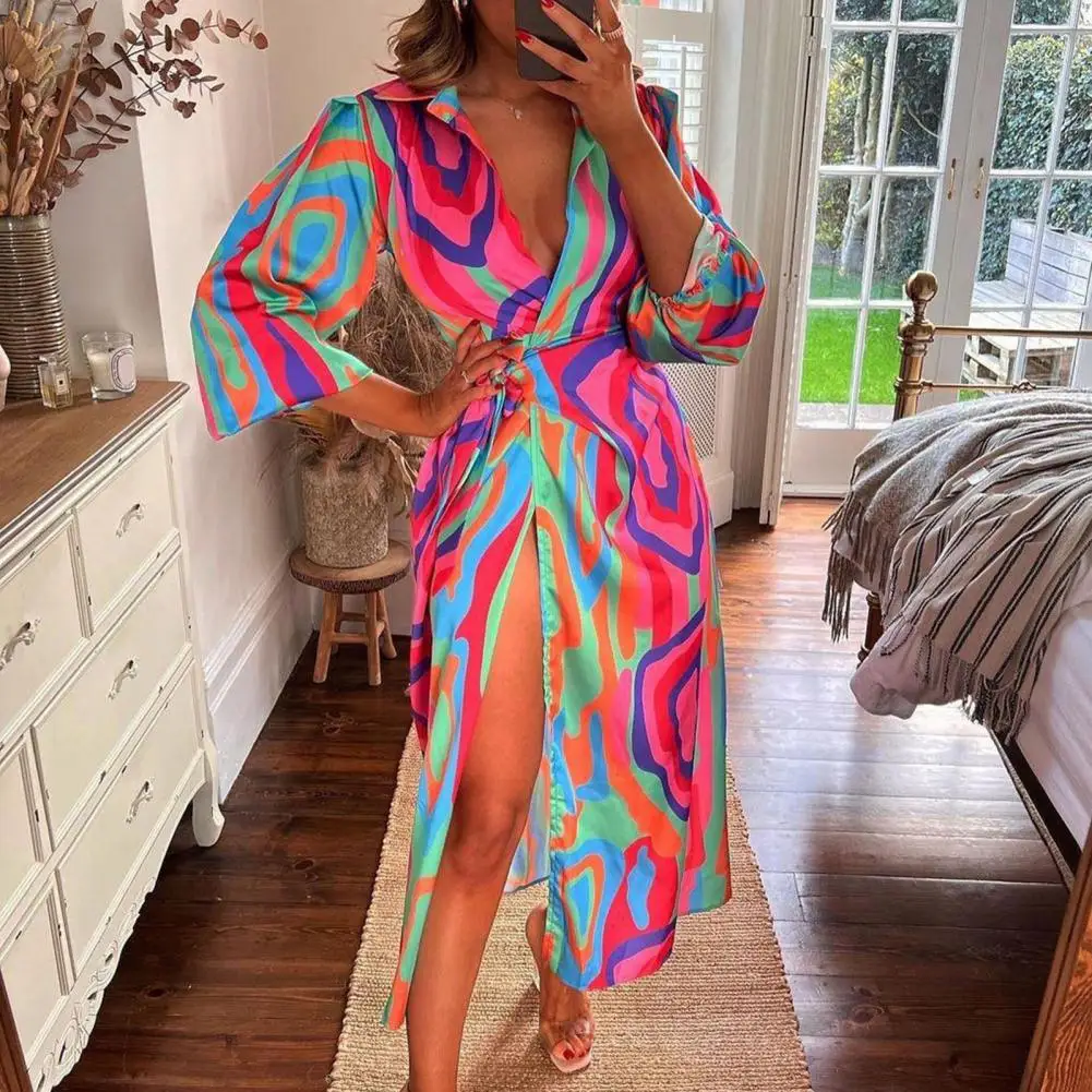 

Printed Dress Stunning Women's Maxi Dress Vibrant Print Deep V Neck Flattering Waist For Summer Spring Casual Loose Fit Dress