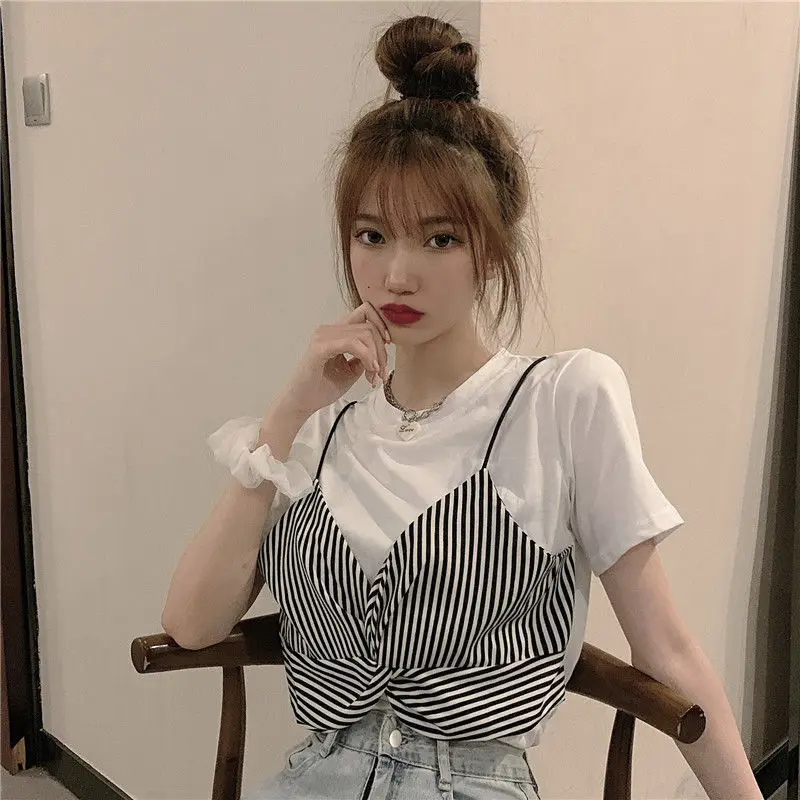 Striped T Shirt Korean Tops Aesthetic Short Sleeve Casual Fashion Women\'s T-shirt Summer Clothes Loose Pulovers Elegant White Xl