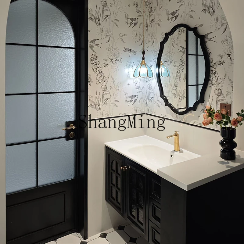 LXY retro style bathroom cabinet half wall dry area ceramic integrated basin washstand bathroom cabinet combination
