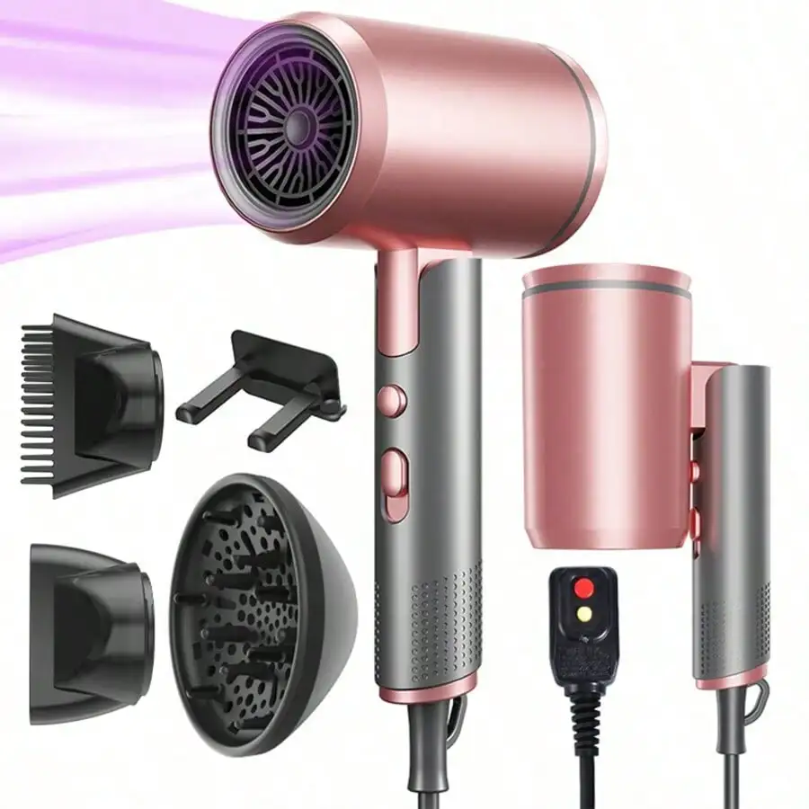 Professional Negative Ion Hair Dryer With Diffuser, Concentrator Nozzle And Hanging Hook, Designed For Curly Hair. Ceramic Technology Nozzle For Fast Drying, Salon-Quality Results. Lightweight, Quiet, Foldable, Convenient For Travel.
